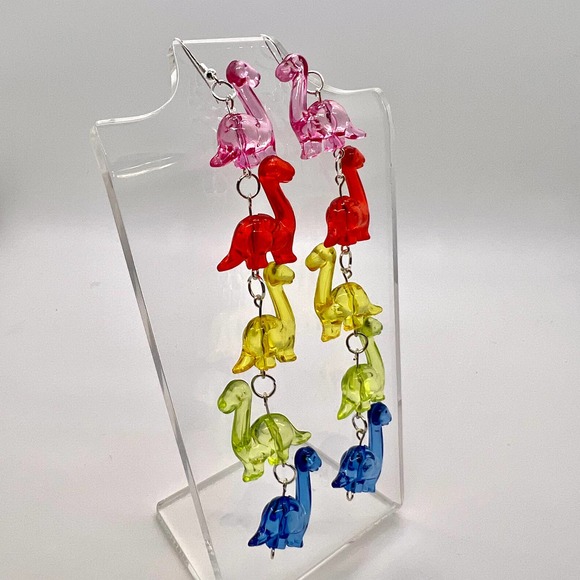 Dinosaur Chain Earrings - Toy Earrings - Rainbow Earrings - Long Earrings - Picture 6 of 11